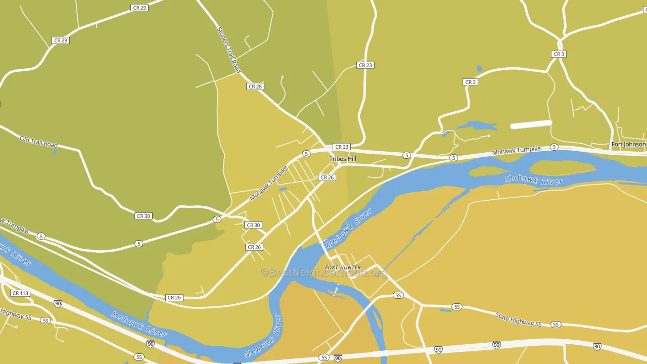 Map of the best neighborhoods in the 12177 area, with better matches in green and worse matches in red