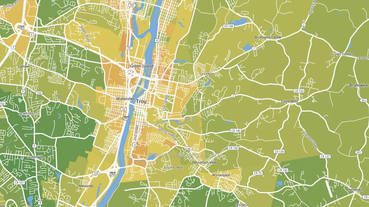 Map of the best neighborhoods in the 12180 area, with better matches in green and worse matches in red