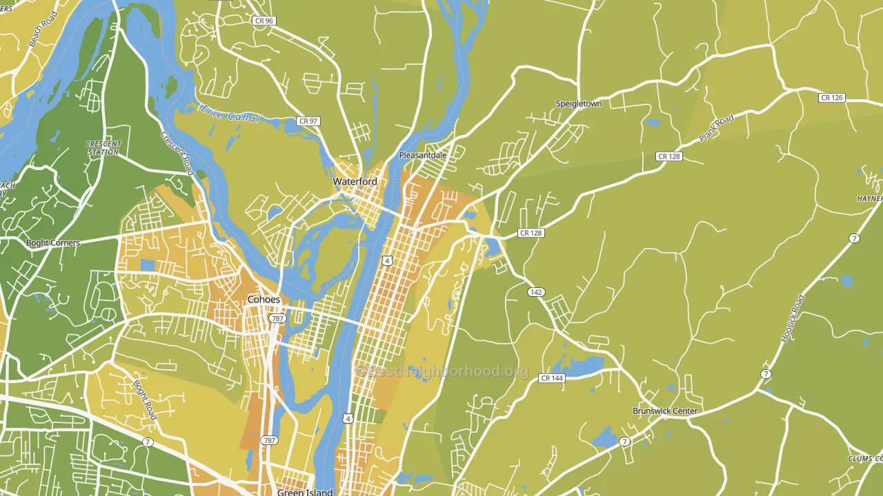 Map of the best neighborhoods in the 12182 area, with better matches in green and worse matches in red