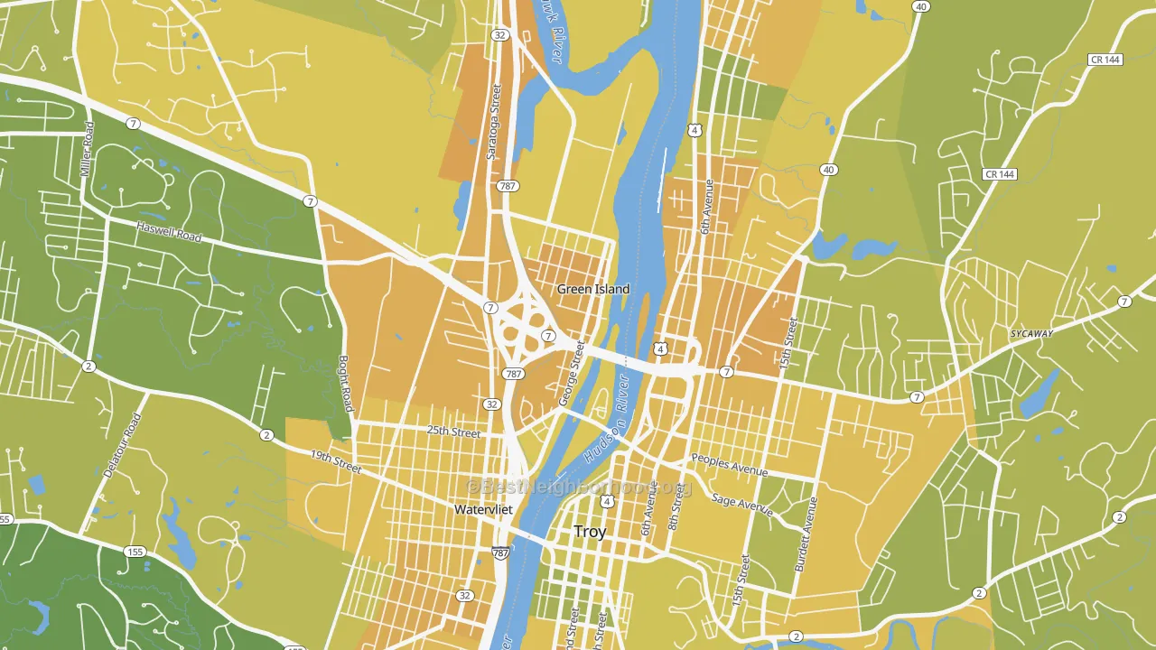 Map of the best neighborhoods in the 12183 area, with better matches in green and worse matches in red