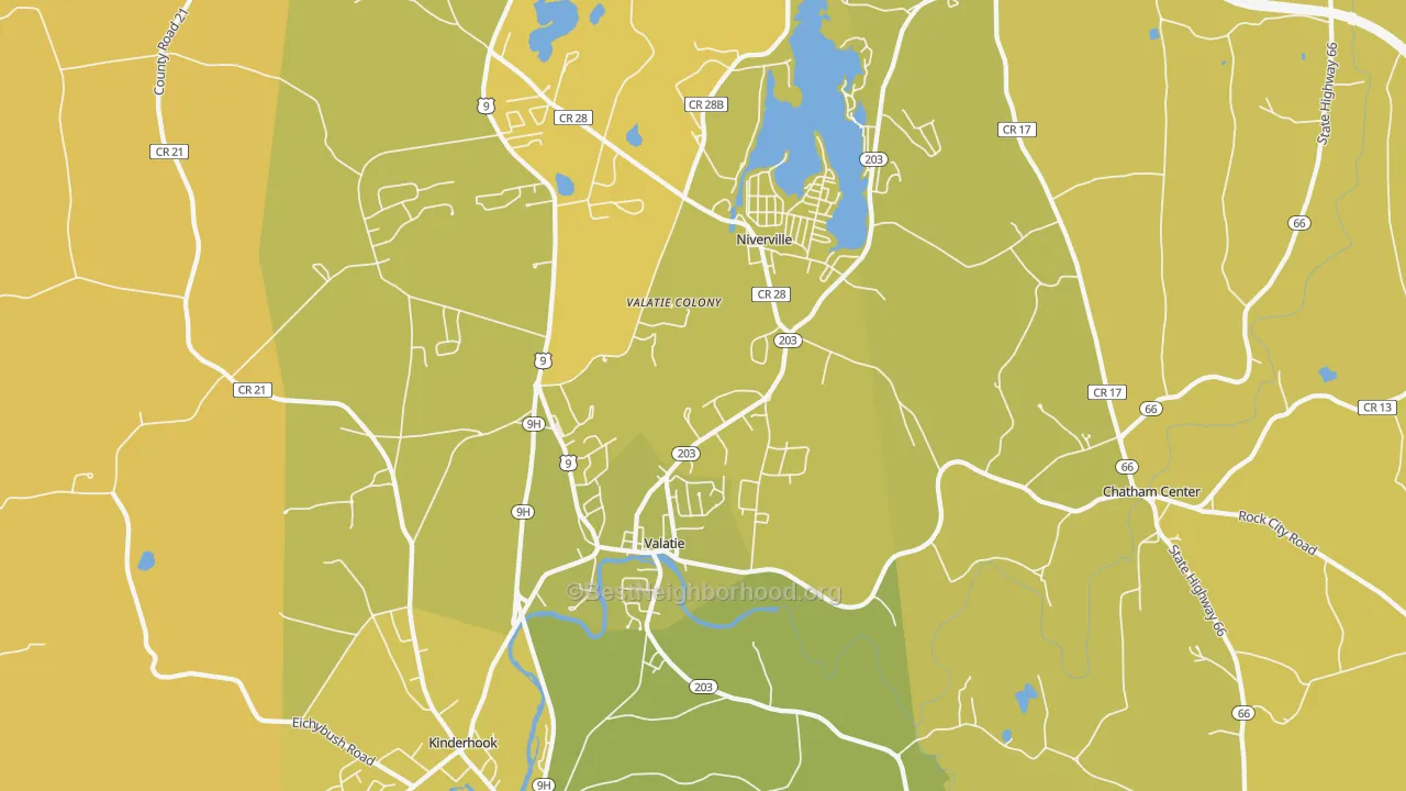 Map of the best neighborhoods in the 12184 area, with better matches in green and worse matches in red