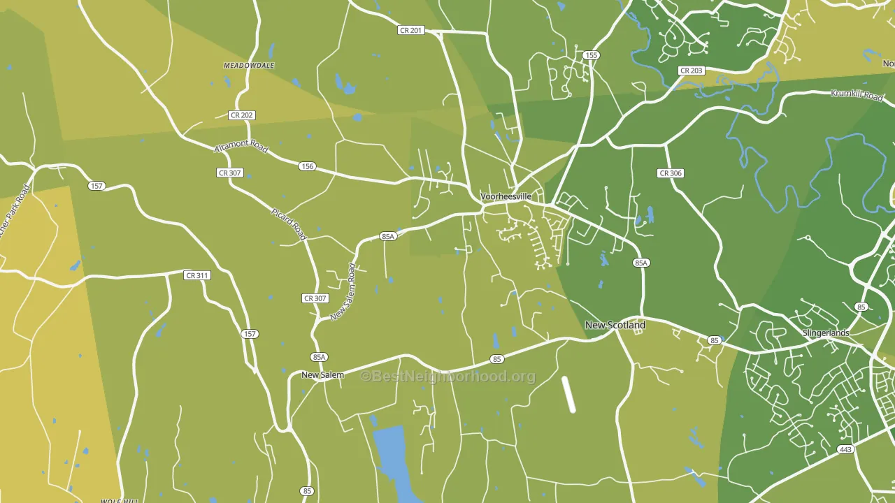 Map of the best neighborhoods in the 12186 area, with better matches in green and worse matches in red