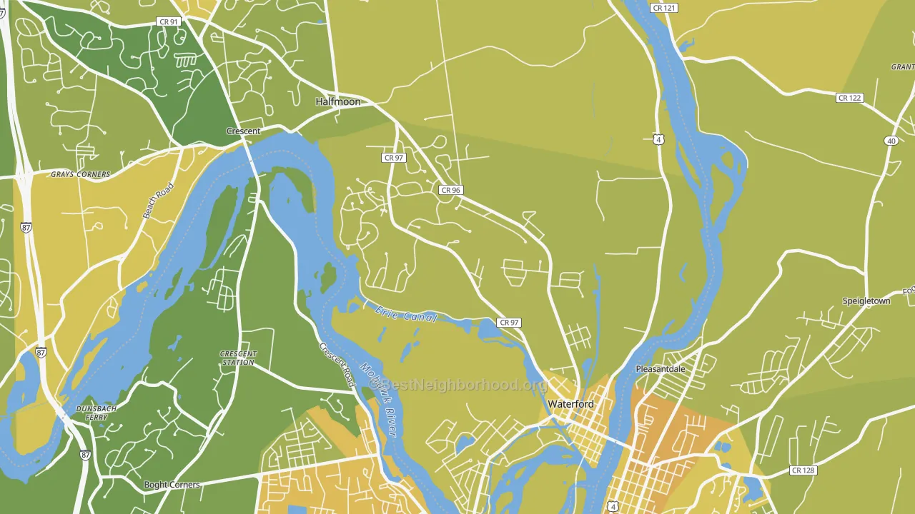 Map of the best neighborhoods in the 12188 area, with better matches in green and worse matches in red