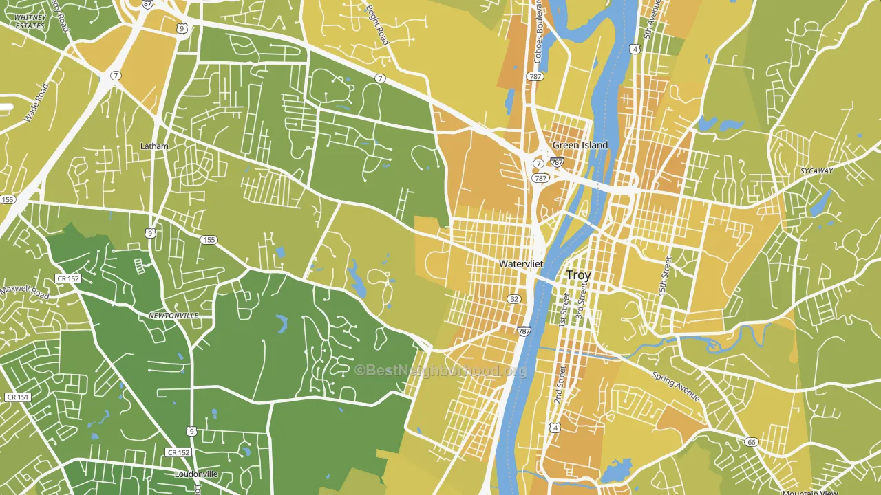 Map of the best neighborhoods in the 12189 area, with better matches in green and worse matches in red