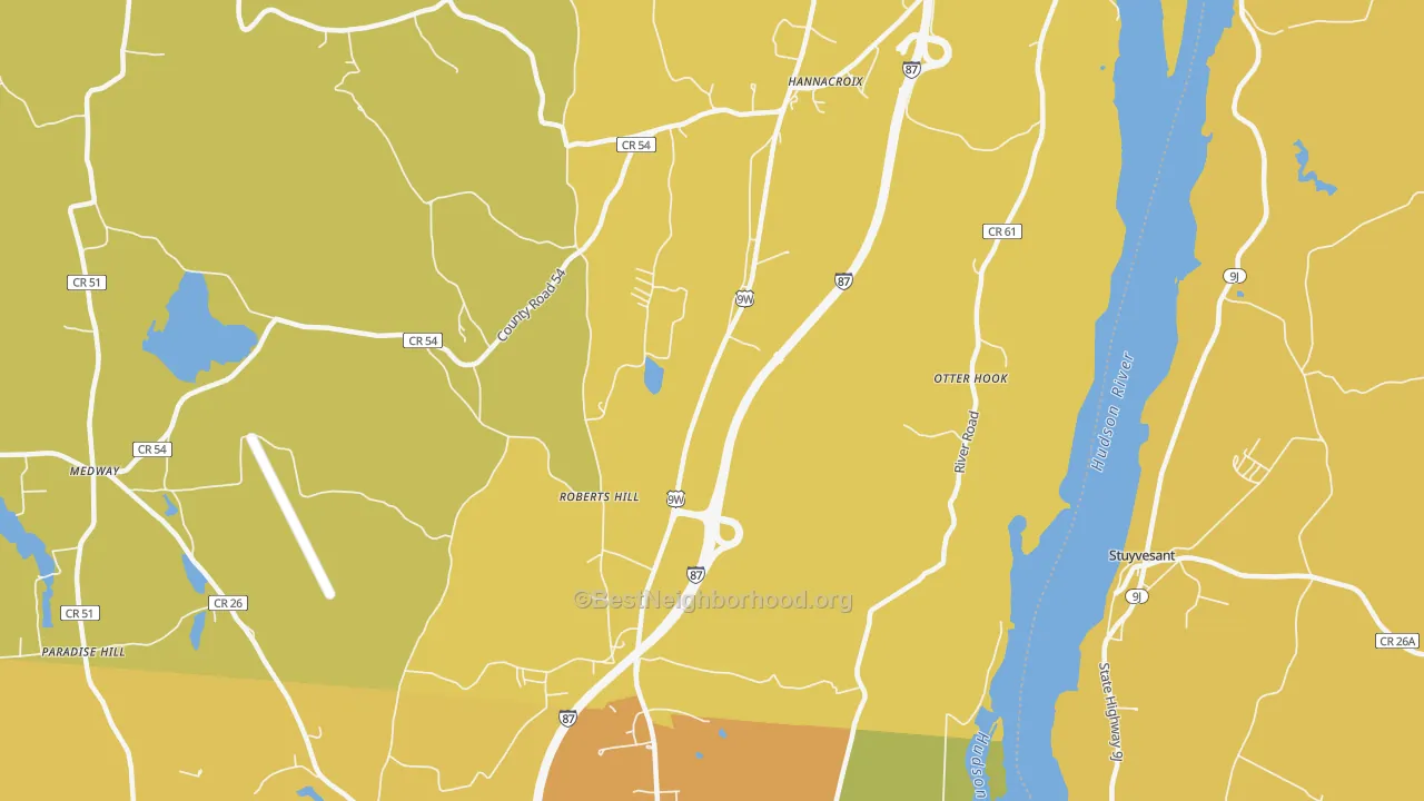 Map of the best neighborhoods in the 12192 area, with better matches in green and worse matches in red