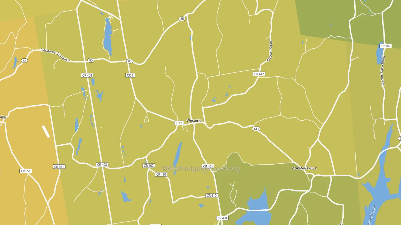 Map of the best neighborhoods in the 12193 area, with better matches in green and worse matches in red