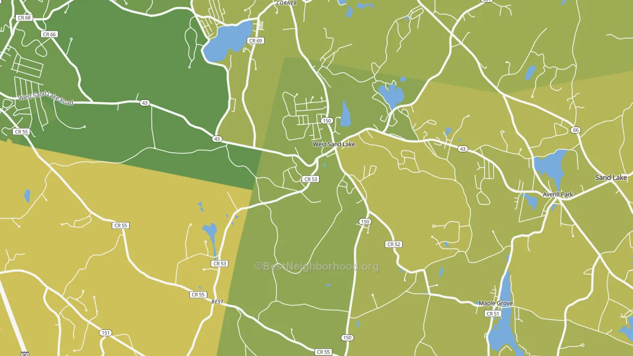 Map of the best neighborhoods in the 12196 area, with better matches in green and worse matches in red