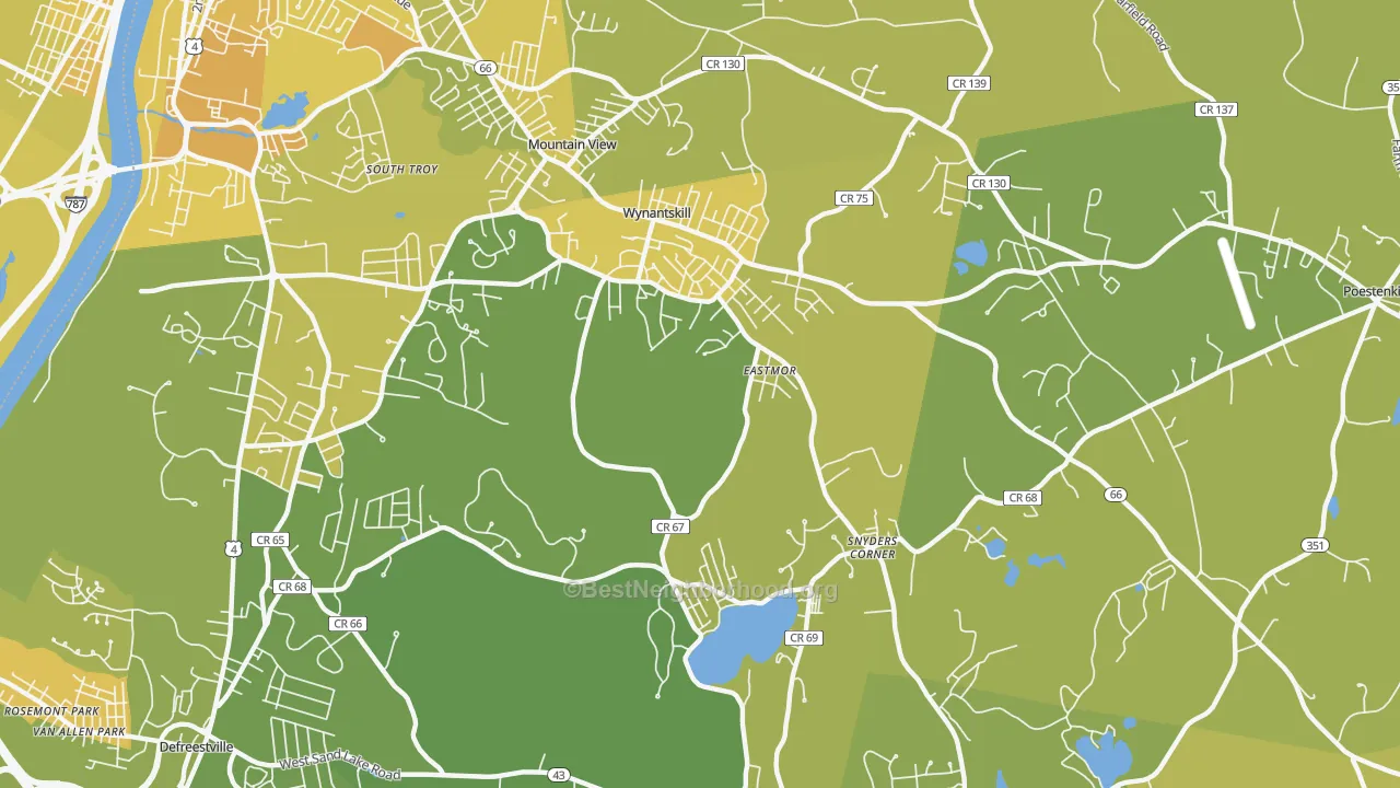 Map of the best neighborhoods in the 12198 area, with better matches in green and worse matches in red