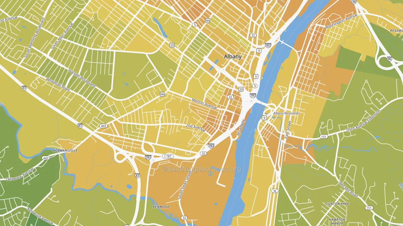 Map of the best neighborhoods in the 12202 area, with better matches in green and worse matches in red