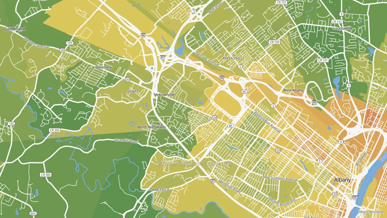 Map of the best neighborhoods in the 12203 area, with better matches in green and worse matches in red