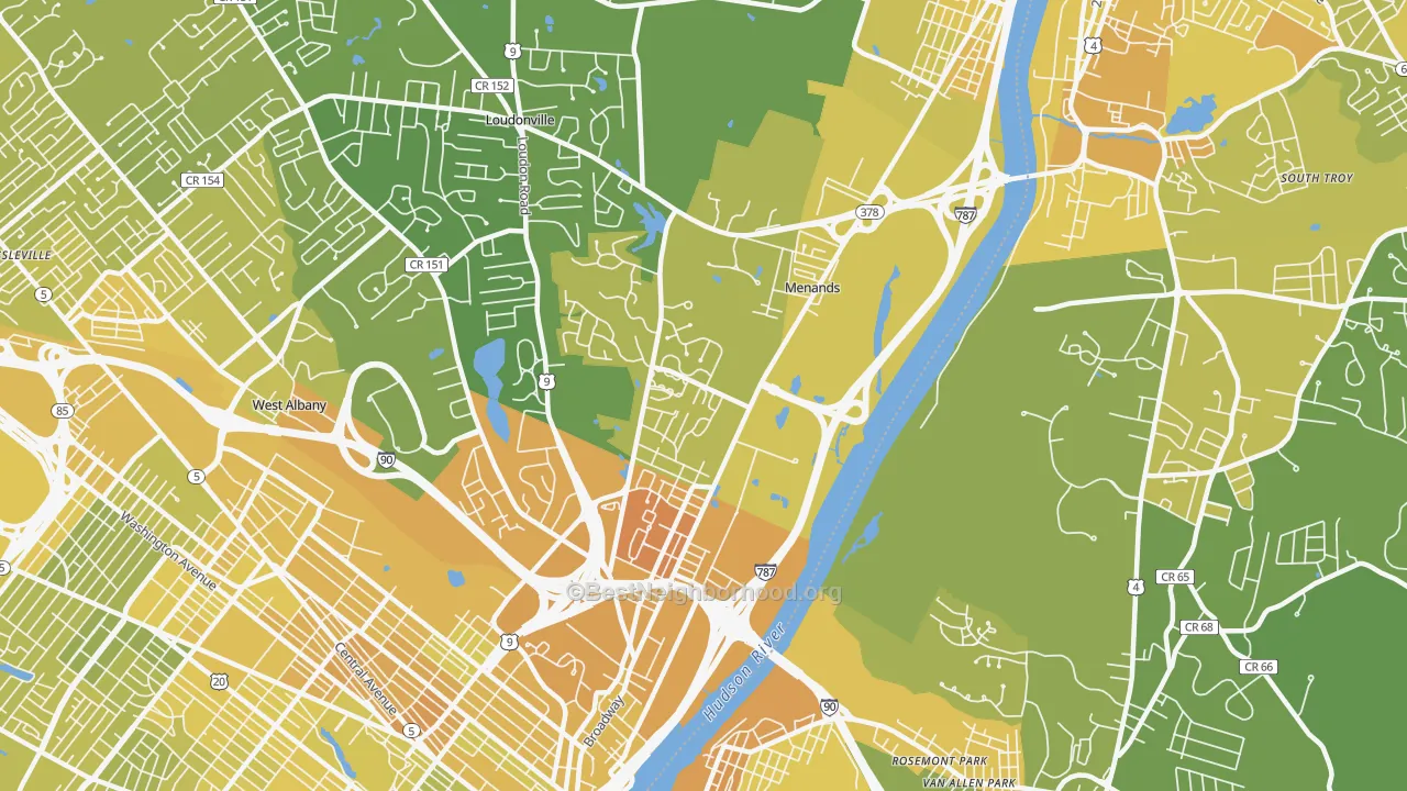 Map of the best neighborhoods in the 12204 area, with better matches in green and worse matches in red