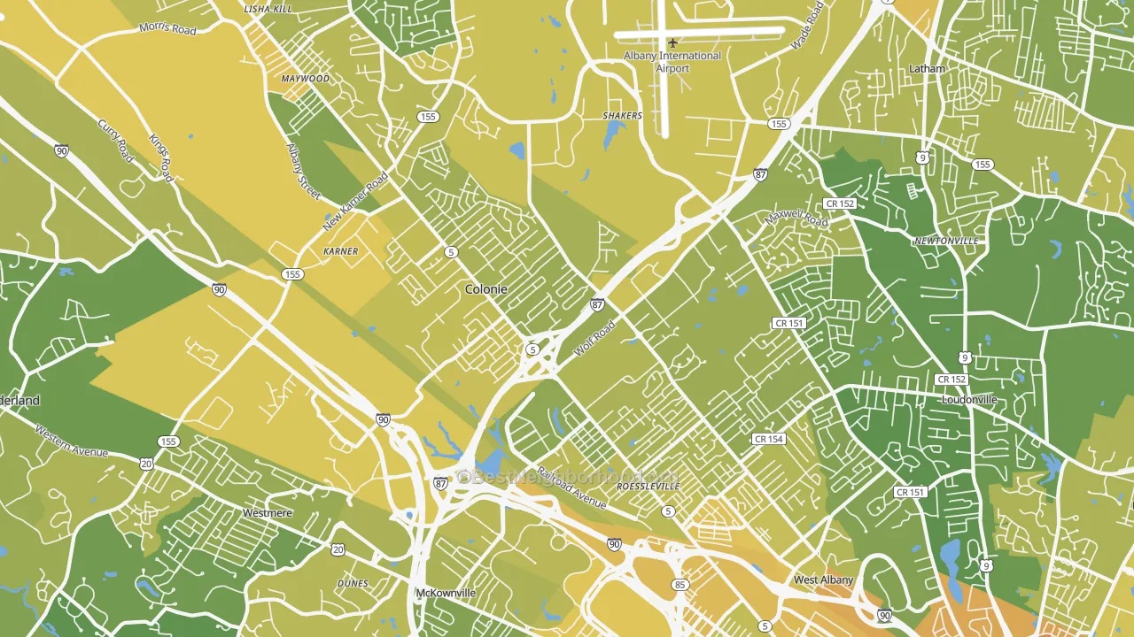 Map of the best neighborhoods in the 12205 area, with better matches in green and worse matches in red