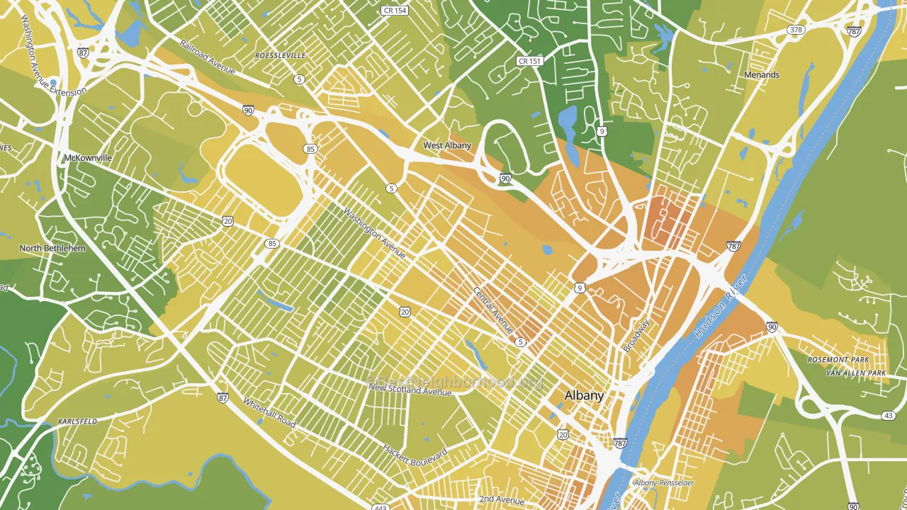 Map of the best neighborhoods in the 12206 area, with better matches in green and worse matches in red