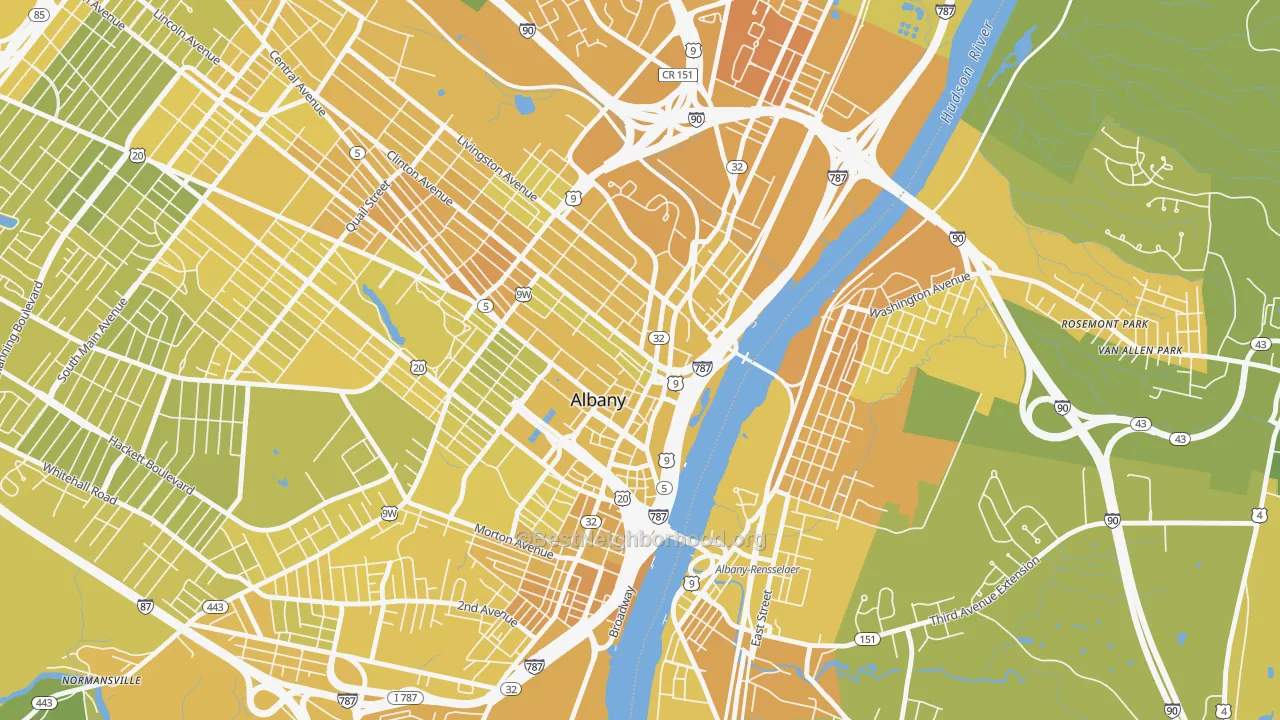 Map of the best neighborhoods in the 12207 area, with better matches in green and worse matches in red
