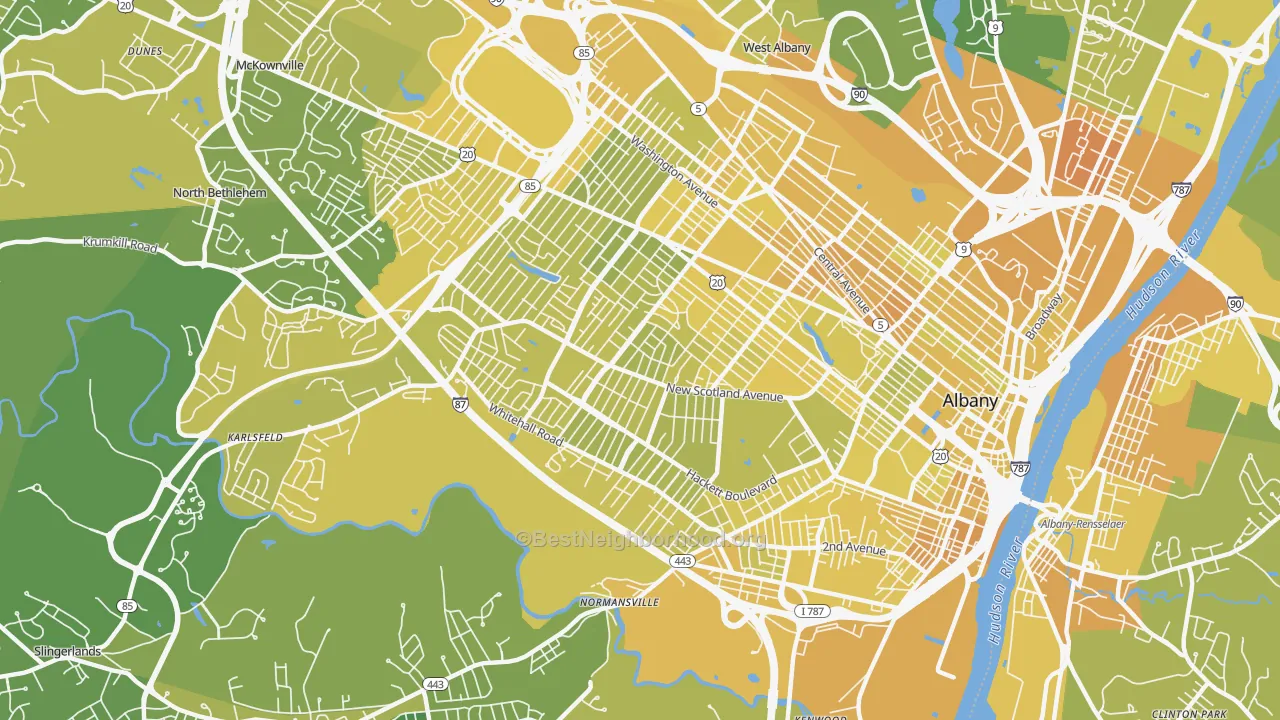 Map of the best neighborhoods in the 12208 area, with better matches in green and worse matches in red