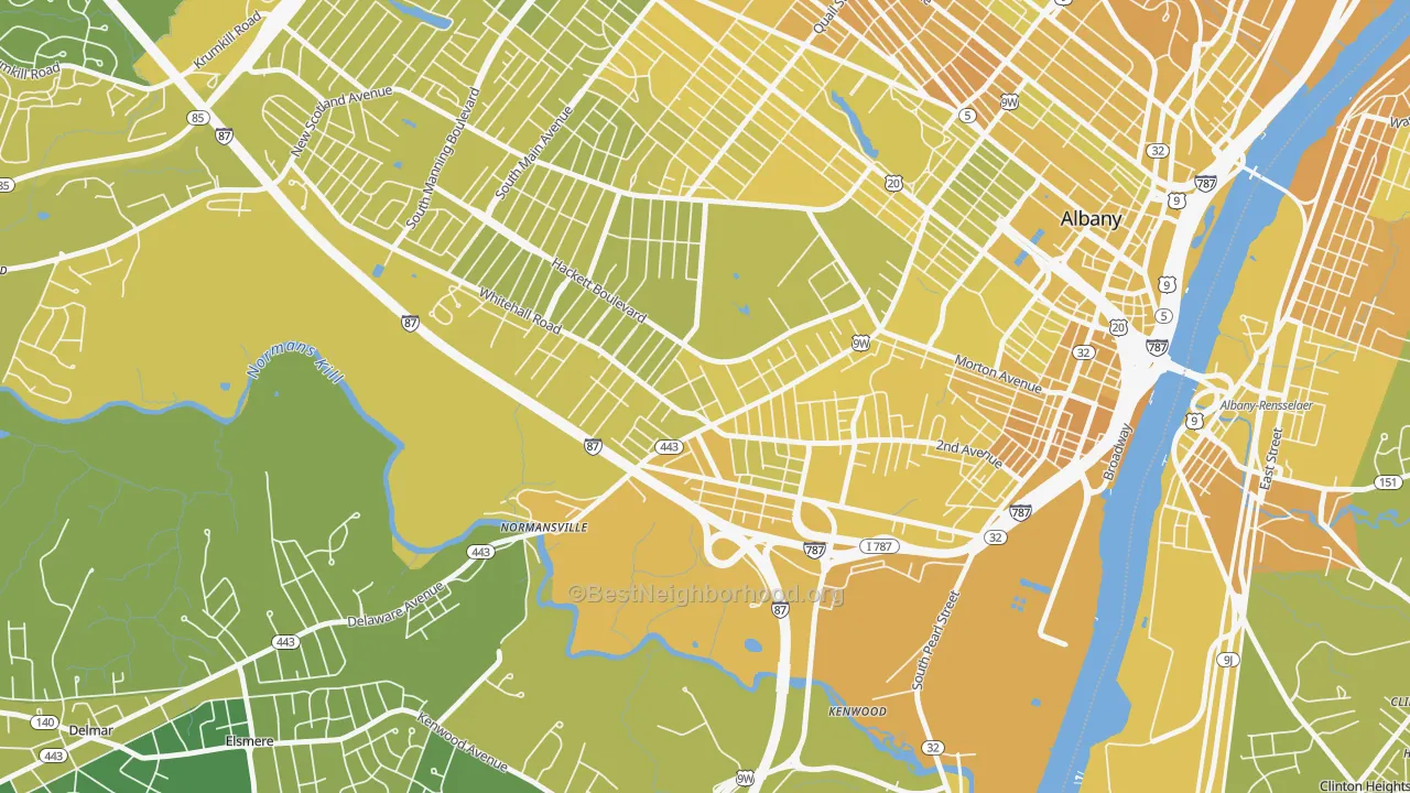Map of the best neighborhoods in the 12209 area, with better matches in green and worse matches in red