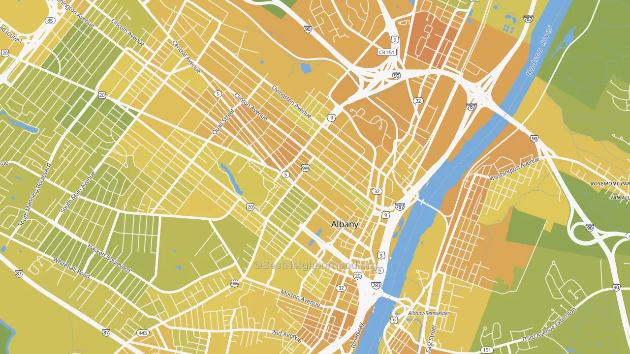 Map of the best neighborhoods in the 12210 area, with better matches in green and worse matches in red