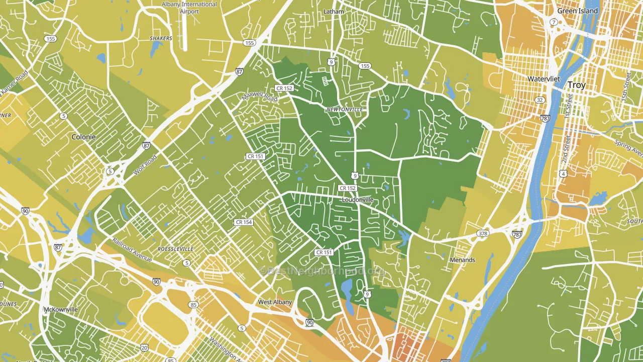 Map of the best neighborhoods in the 12211 area, with better matches in green and worse matches in red