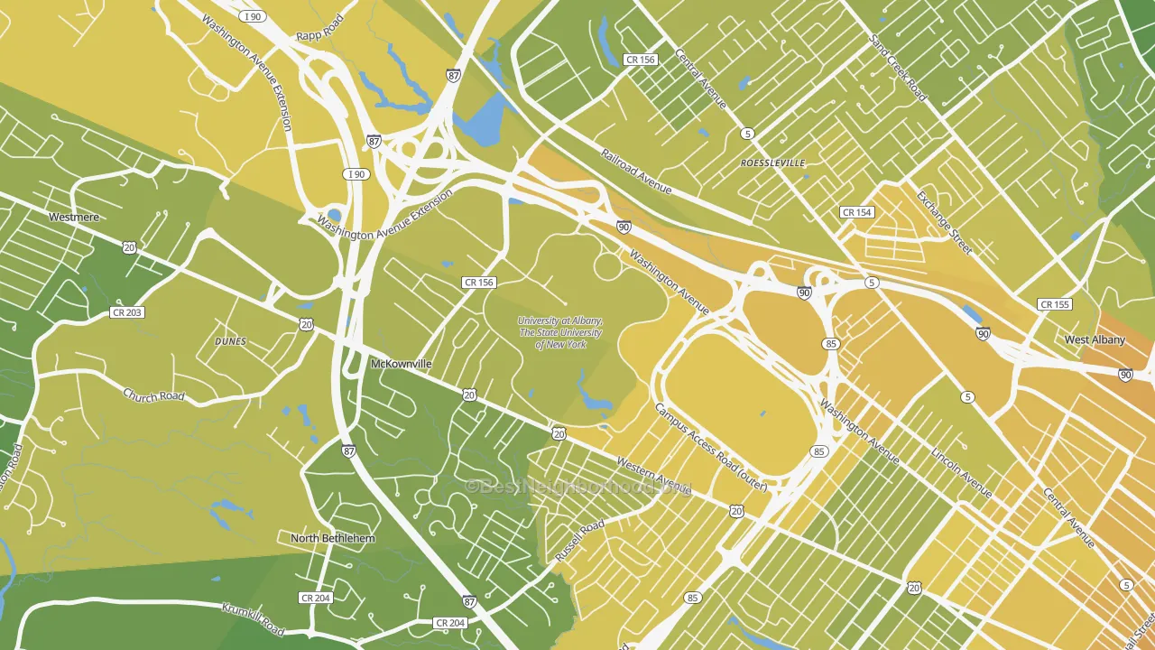 Map of the best neighborhoods in the 12222 area, with better matches in green and worse matches in red