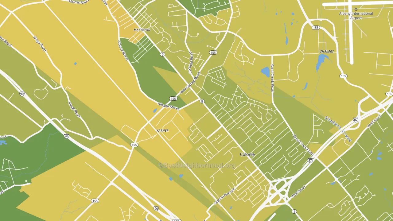 Map of the best neighborhoods in the 12288 area, with better matches in green and worse matches in red
