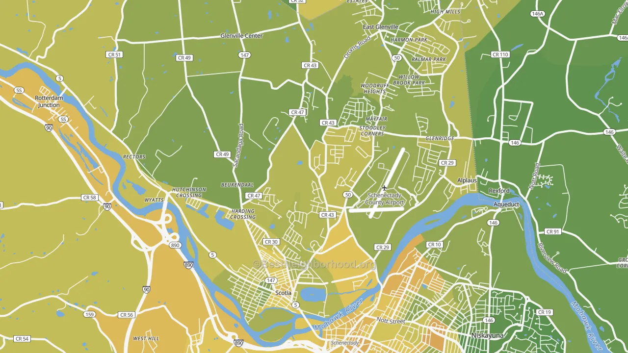 Map of the best neighborhoods in the 12302 area, with better matches in green and worse matches in red
