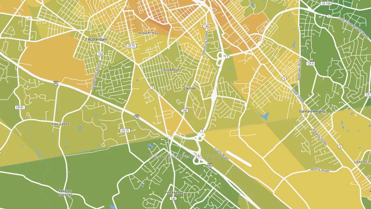 Map of the best neighborhoods in the 12303 area, with better matches in green and worse matches in red