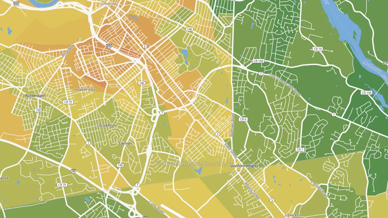 Map of the best neighborhoods in the 12304 area, with better matches in green and worse matches in red