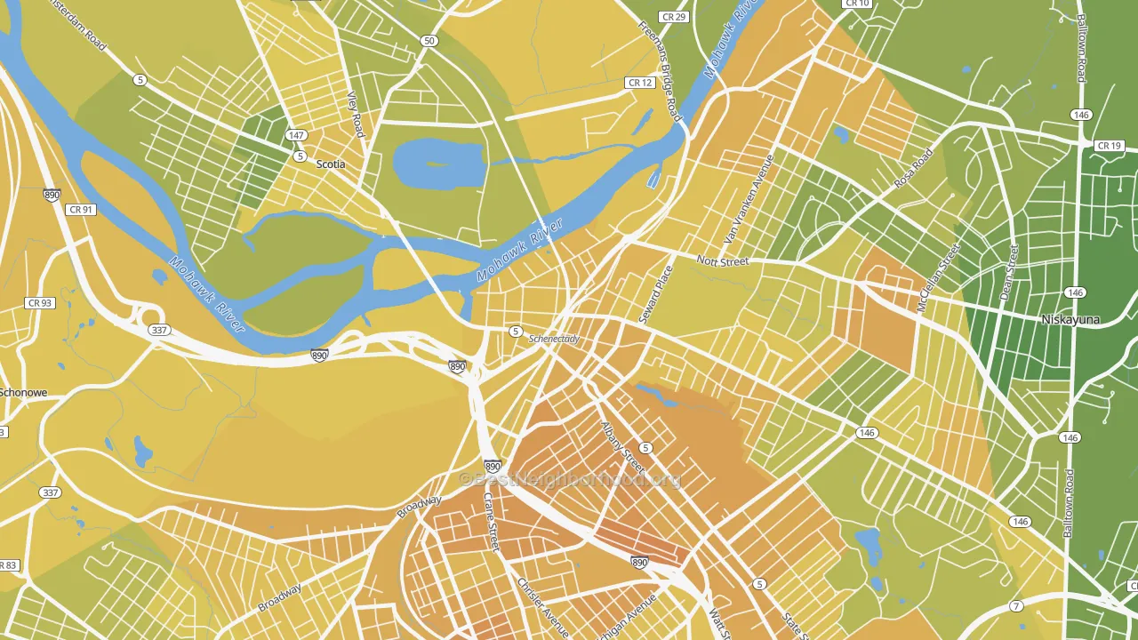 Map of the best neighborhoods in the 12305 area, with better matches in green and worse matches in red