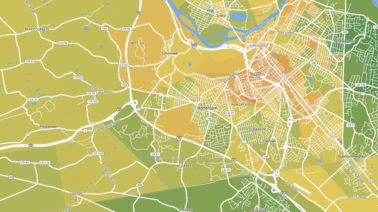 Map of the best neighborhoods in the 12306 area, with better matches in green and worse matches in red