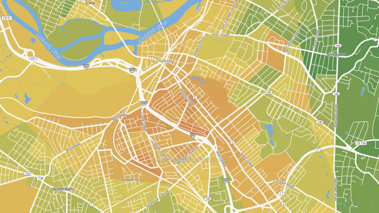 Map of the best neighborhoods in the 12307 area, with better matches in green and worse matches in red