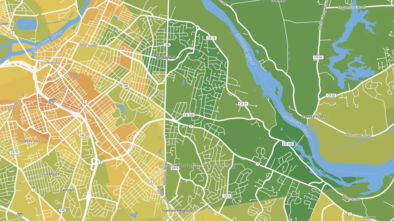 Map of the best neighborhoods in the 12309 area, with better matches in green and worse matches in red