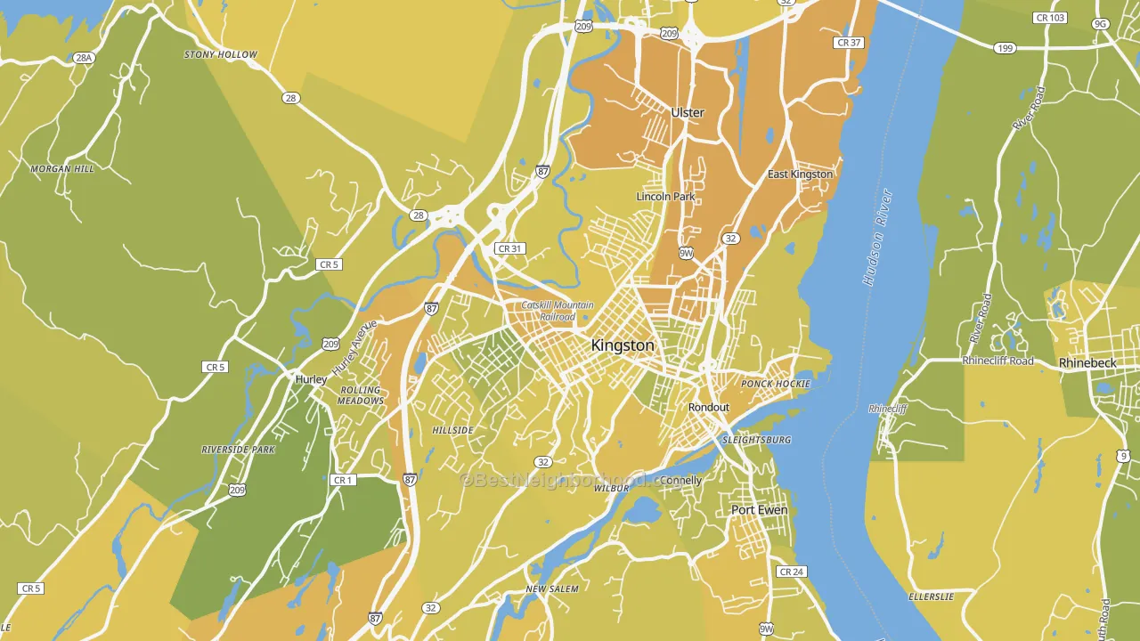 Map of the best neighborhoods in the 12401 area, with better matches in green and worse matches in red
