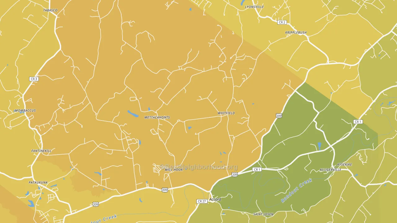 Map of the best neighborhoods in the 12404 area, with better matches in green and worse matches in red