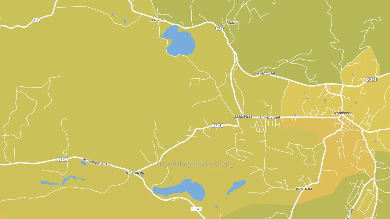 Map of the best neighborhoods in the 12409 area, with better matches in green and worse matches in red