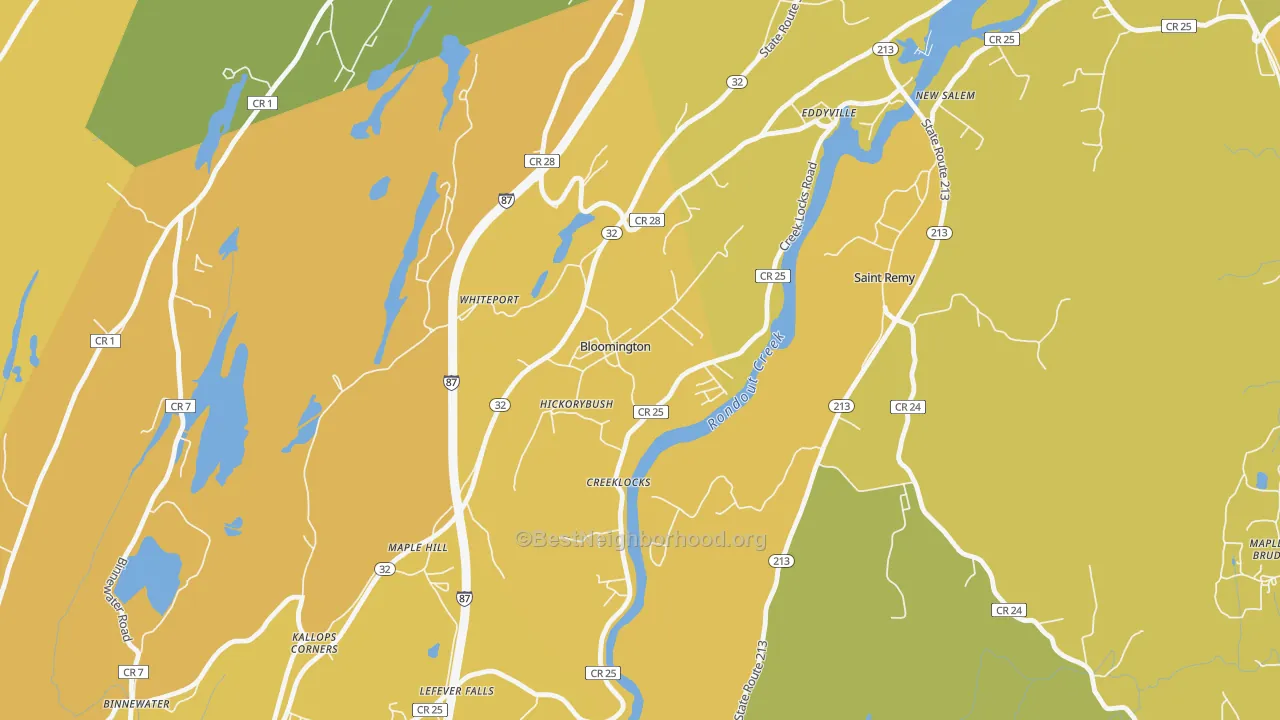 Map of the best neighborhoods in the 12411 area, with better matches in green and worse matches in red