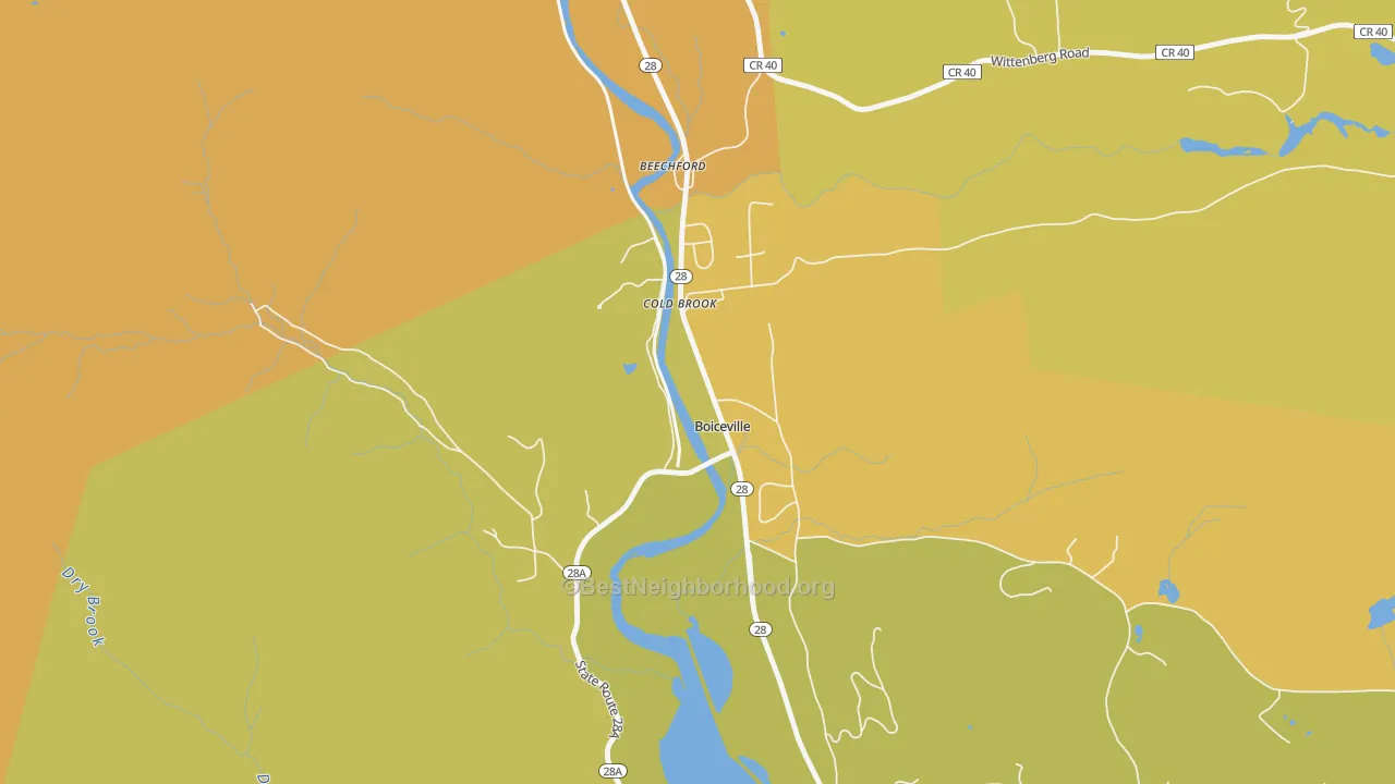 Map of the best neighborhoods in the 12412 area, with better matches in green and worse matches in red