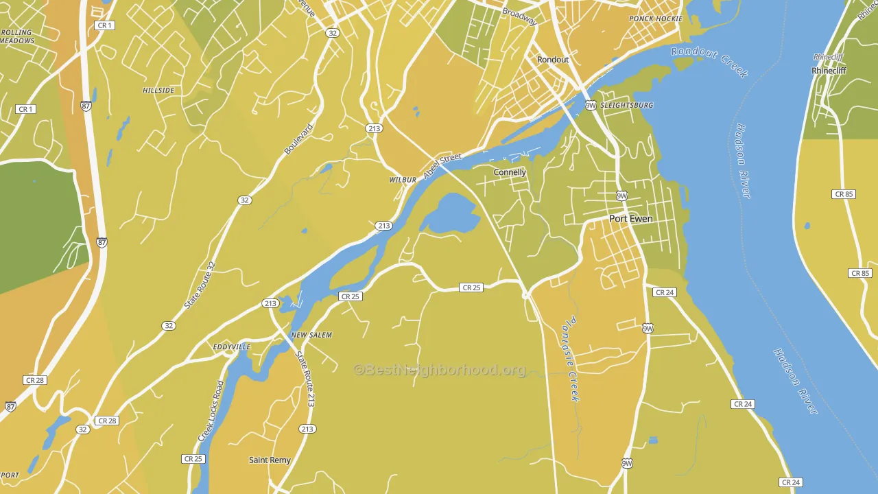 Map of the best neighborhoods in the 12417 area, with better matches in green and worse matches in red