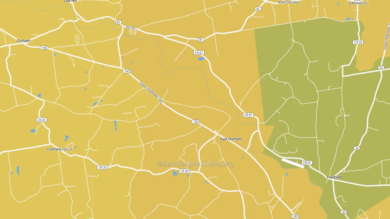 Map of the best neighborhoods in the 12423 area, with better matches in green and worse matches in red