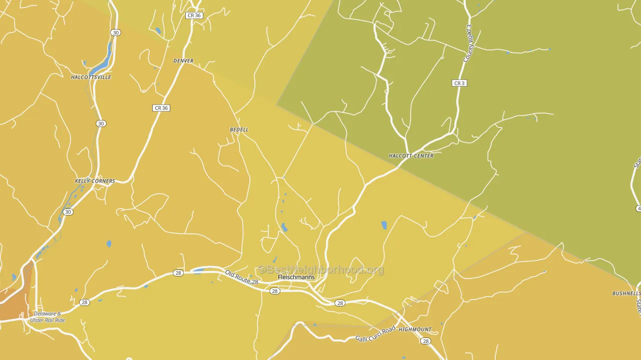 Map of the best neighborhoods in the 12430 area, with better matches in green and worse matches in red