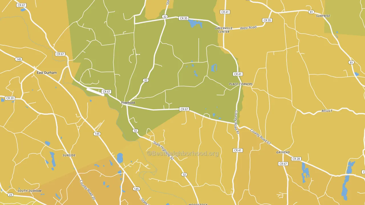 Map of the best neighborhoods in the 12431 area, with better matches in green and worse matches in red