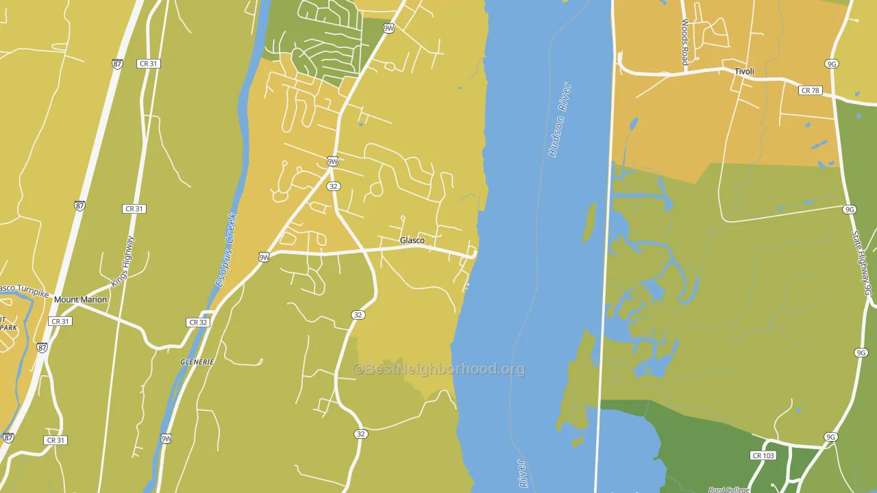 Map of the best neighborhoods in the 12432 area, with better matches in green and worse matches in red