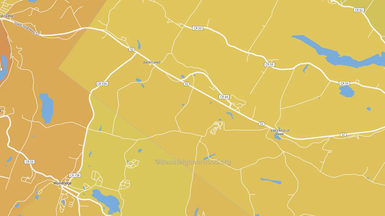 Map of the best neighborhoods in the 12435 area, with better matches in green and worse matches in red