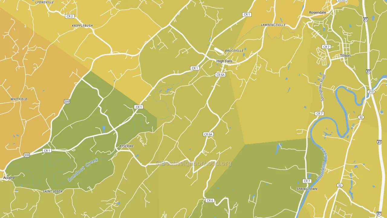 Map of the best neighborhoods in the 12440 area, with better matches in green and worse matches in red