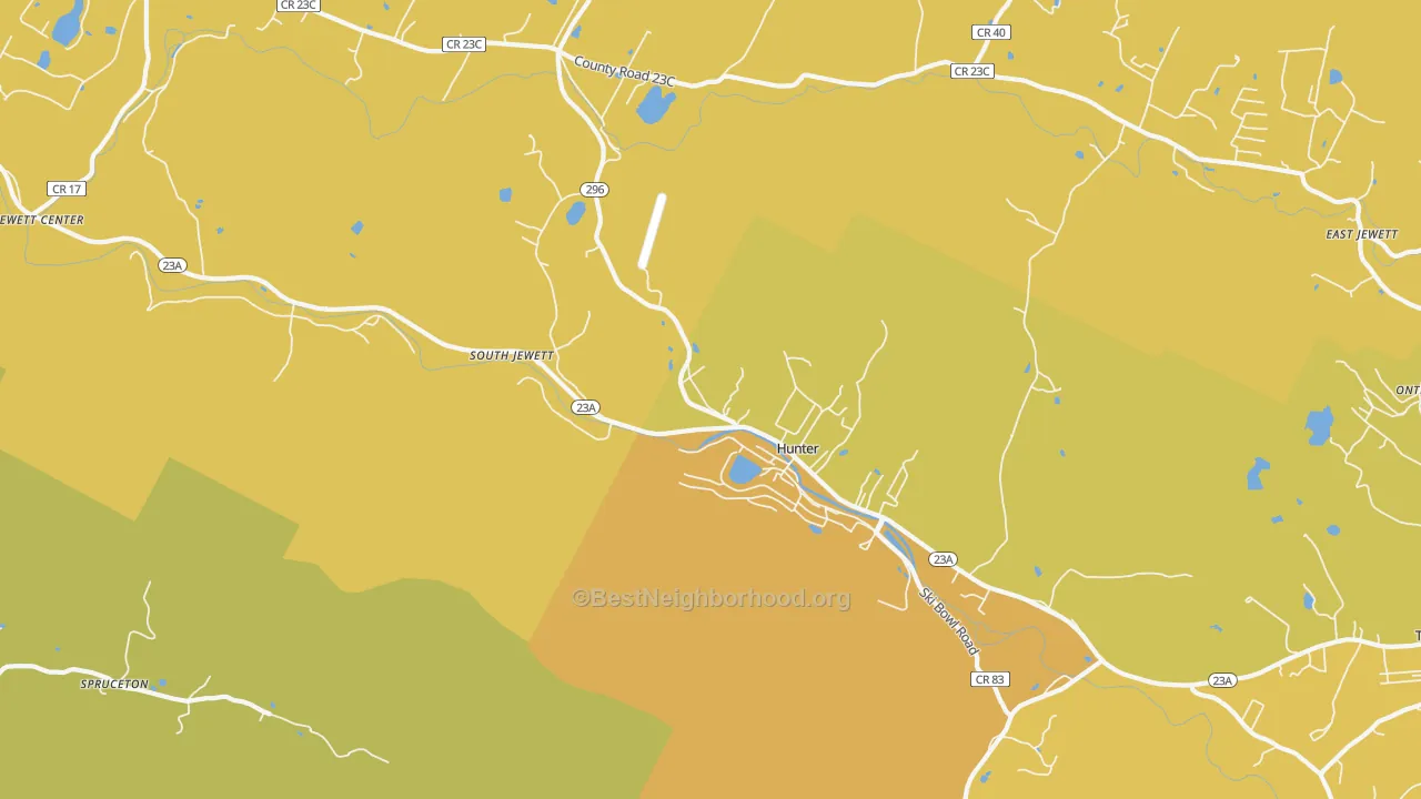 Map of the best neighborhoods in the 12442 area, with better matches in green and worse matches in red