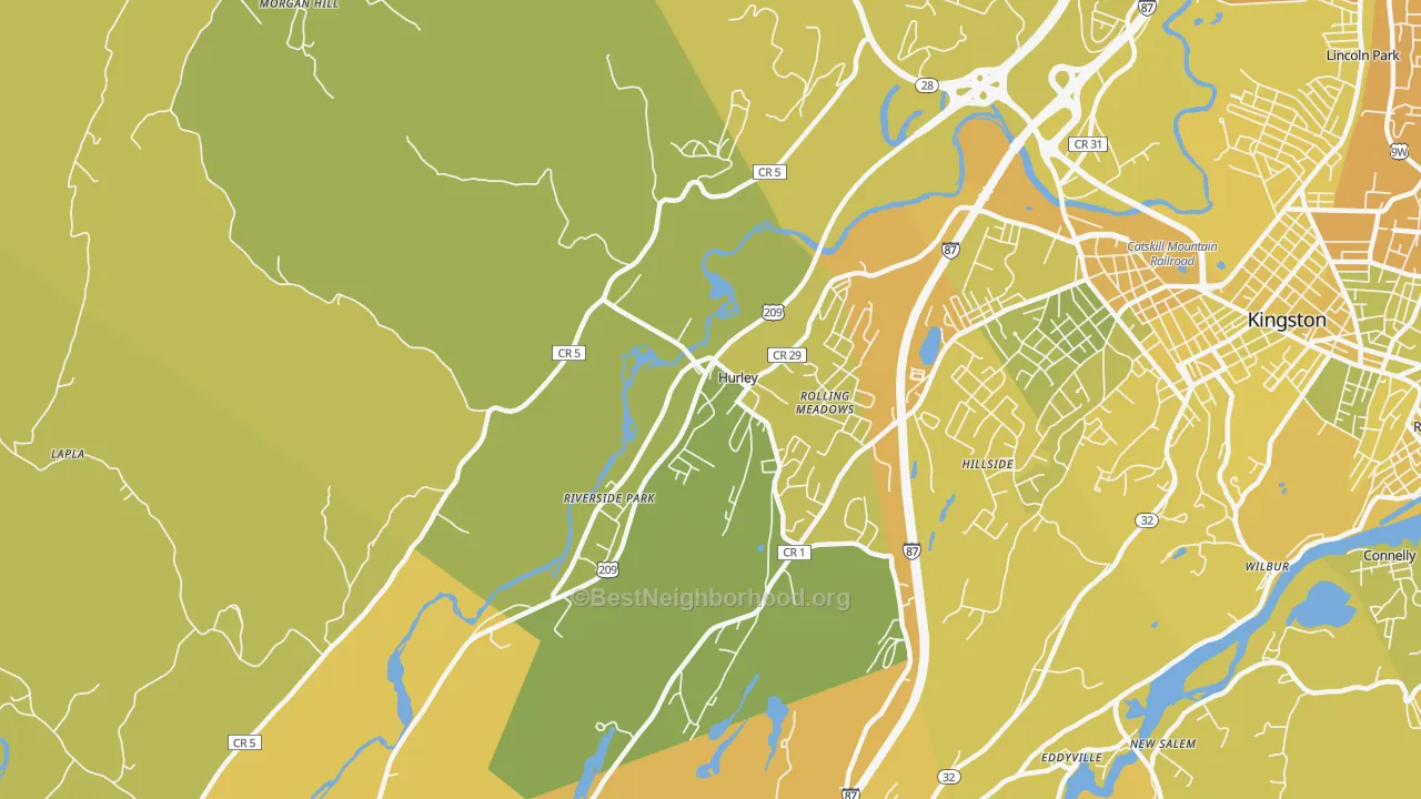 Map of the best neighborhoods in the 12443 area, with better matches in green and worse matches in red