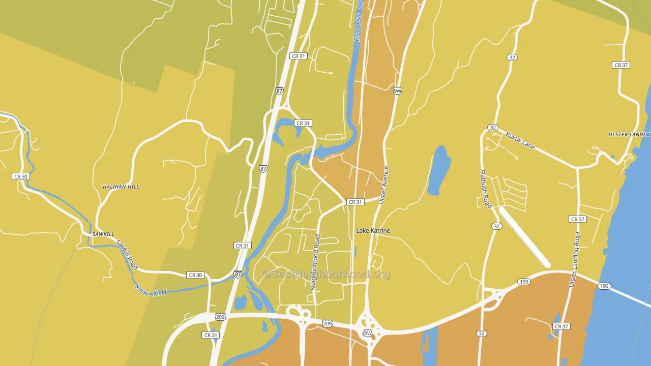 Map of the best neighborhoods in the 12449 area, with better matches in green and worse matches in red