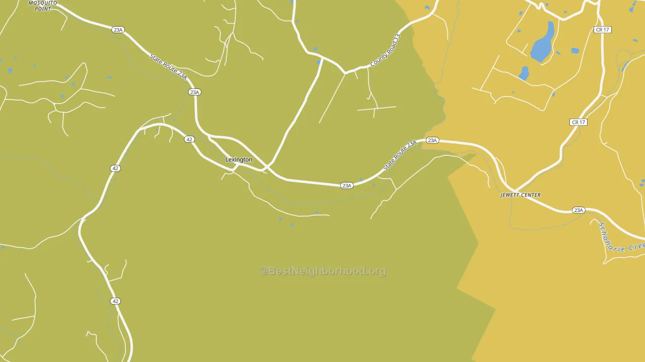 Map of the best neighborhoods in the 12452 area, with better matches in green and worse matches in red