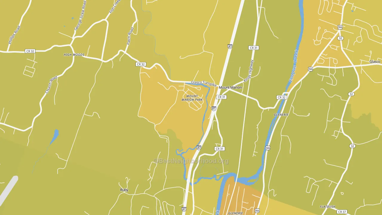 Map of the best neighborhoods in the 12456 area, with better matches in green and worse matches in red