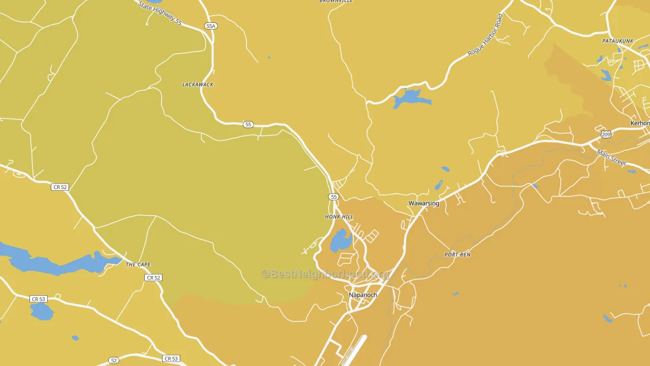 Map of the best neighborhoods in the 12458 area, with better matches in green and worse matches in red