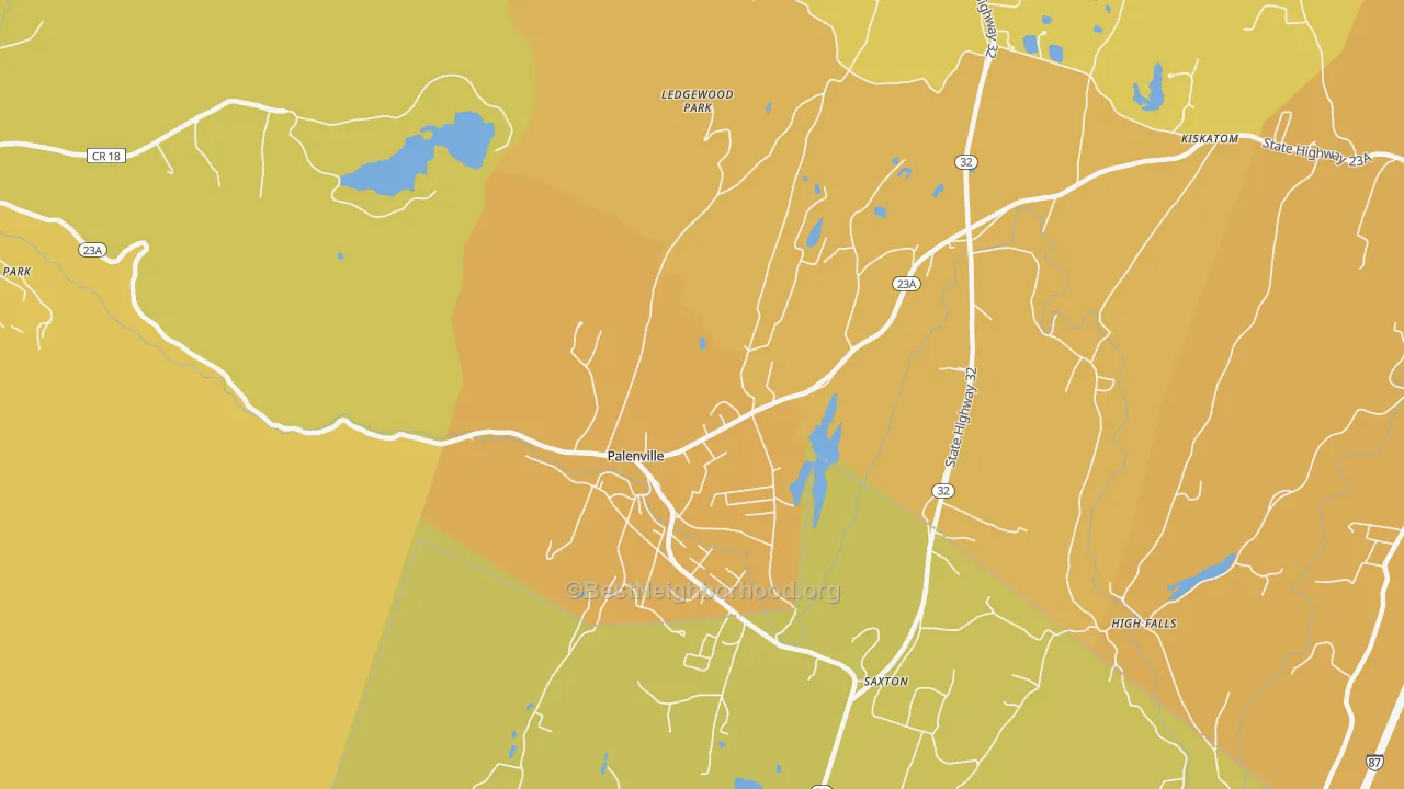 Map of the best neighborhoods in the 12463 area, with better matches in green and worse matches in red